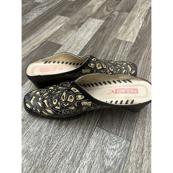 Pikolinos Spanish Design Black & Tan Leather Slip-On Mules Women's Size 37/6.5/7 - Picture 1 of 17